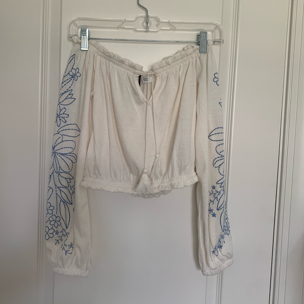 Off the Shoulder Peasant Top w Embroidered Sleeves